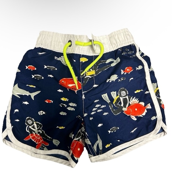 Mini Boden Blue and White Swim Shorts with Ocean-Themed Design Size 3T - Picture 1 of 3